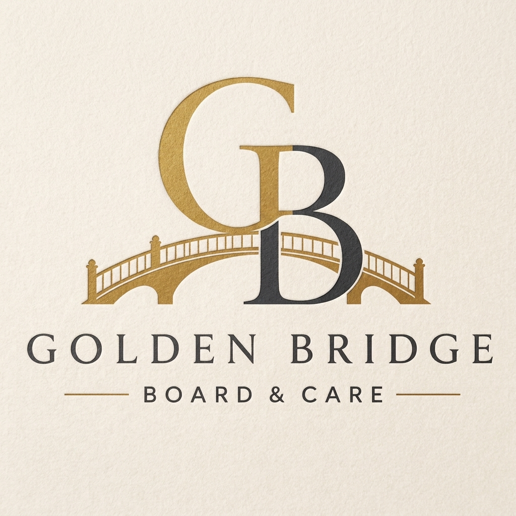 Golden Bridge Board & Care logo — a gold G and charcoal B monogram over an arched bridge